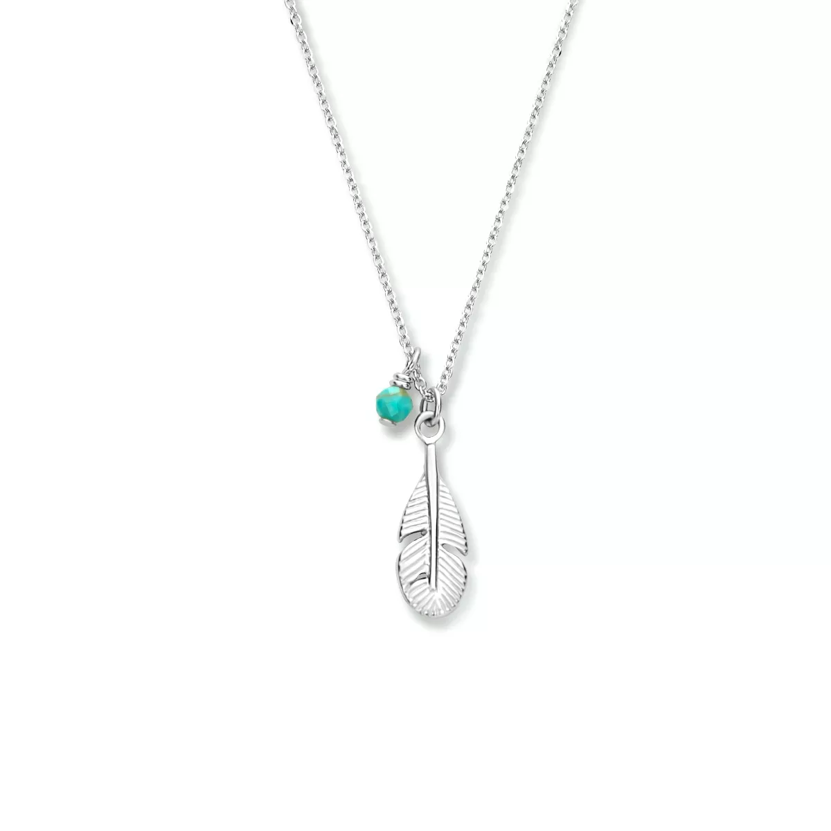 Ketting Veer zilver-synth. steen turquoise 41-45 cm