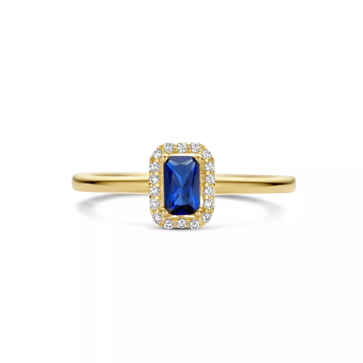 Ring Halo geelgoud-synth. saffier-zirconia blauw-wit 7,5 mm