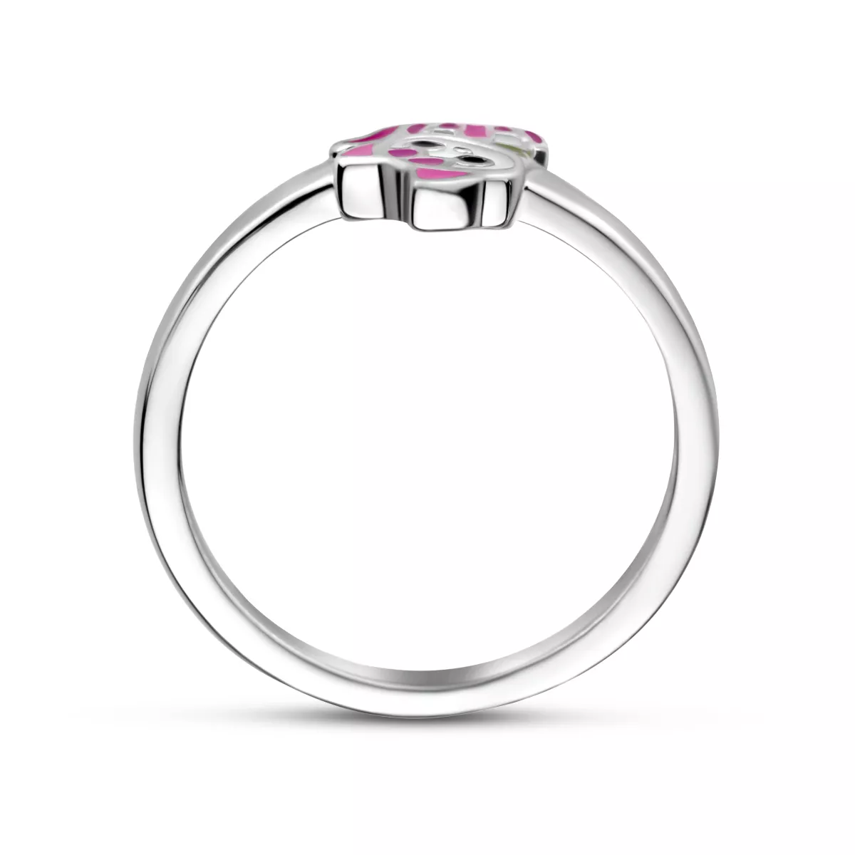 Ring Poes zilver-emaille wit-roze-groen 