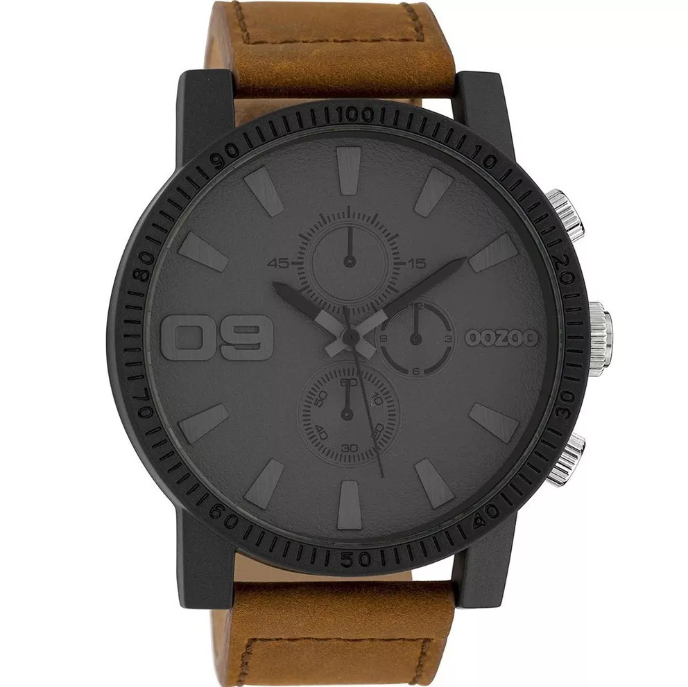 OOZOO C10064 Horloge Timepieces staal/leder donkergrijs-bruin 50 mm