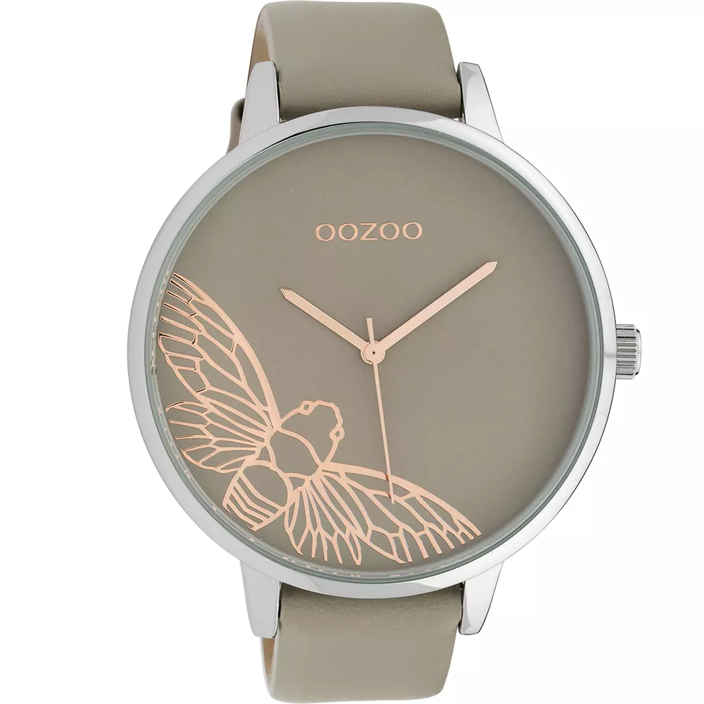 OOZOO C10077 Horloge Timepieces staal/leder zilverkleurig-taupe 48 mm