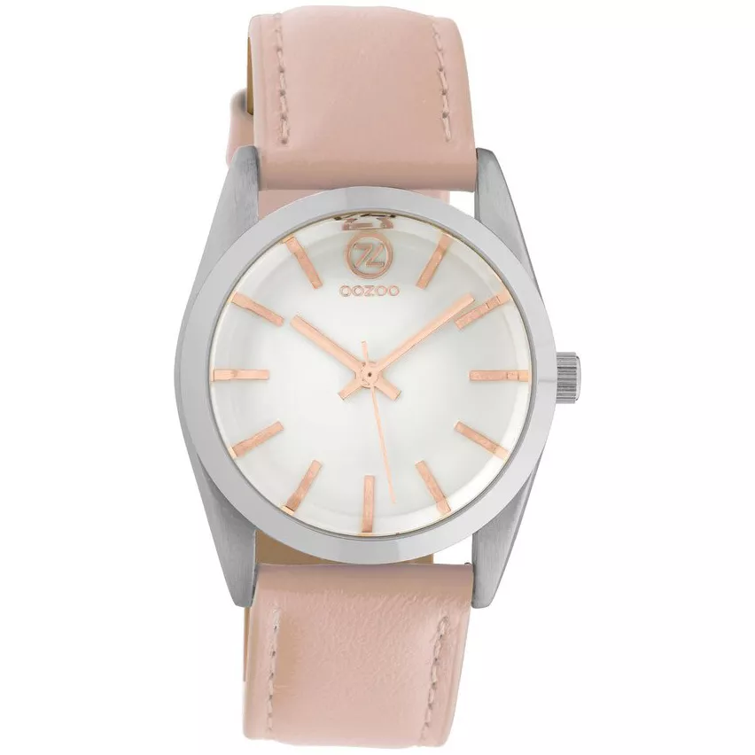 OOZOO C10189  Horloge Timepieces staal-leder zilverkleurig-roze 33 mm 