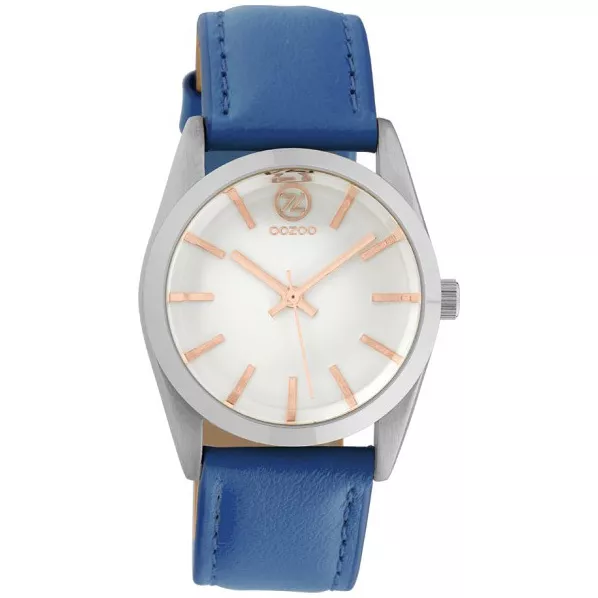 OOZOO C10191  Horloge Timepieces staal-leder zilverkleurig-blauw 33 mm 