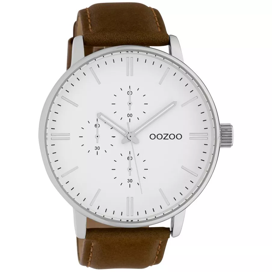 OOZOO C10311  Horloge Timepieces staal-leder zilverkleurig-bruin 50 mm
