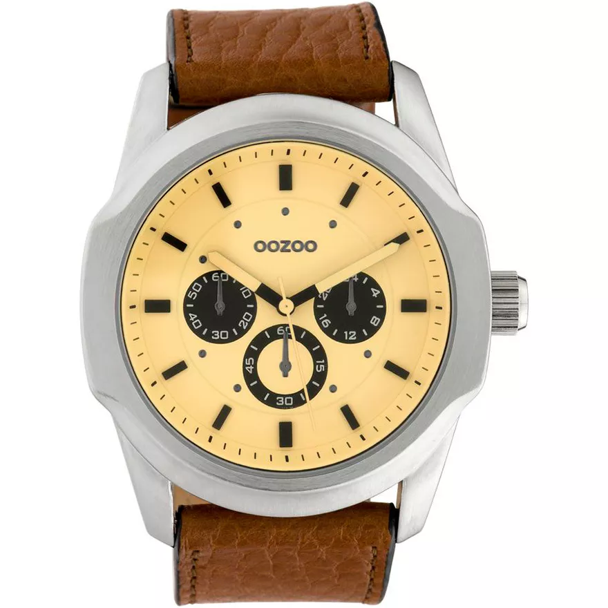 OOZOO C10316 Horloge Timepieces staal-leder zilverkleurig-bruin-creme 48 mm