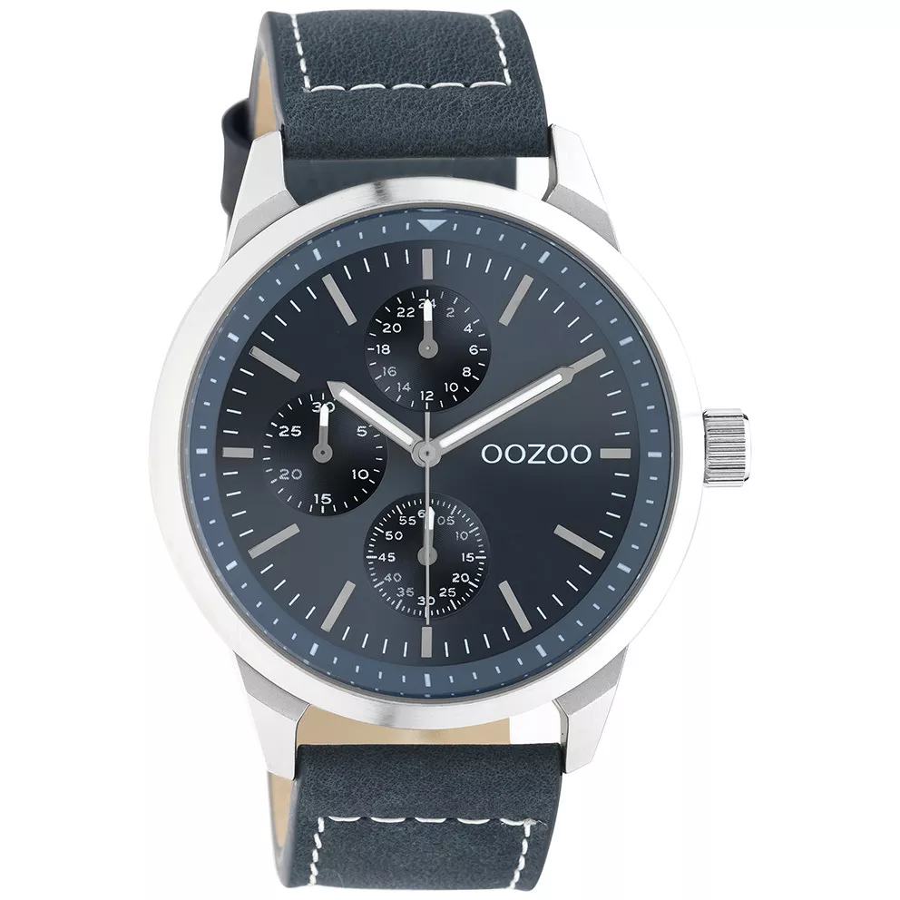 OOZOO C10905 Horloge Timepieces staal-leder zilverkleurig-donkerblauw 45 mm