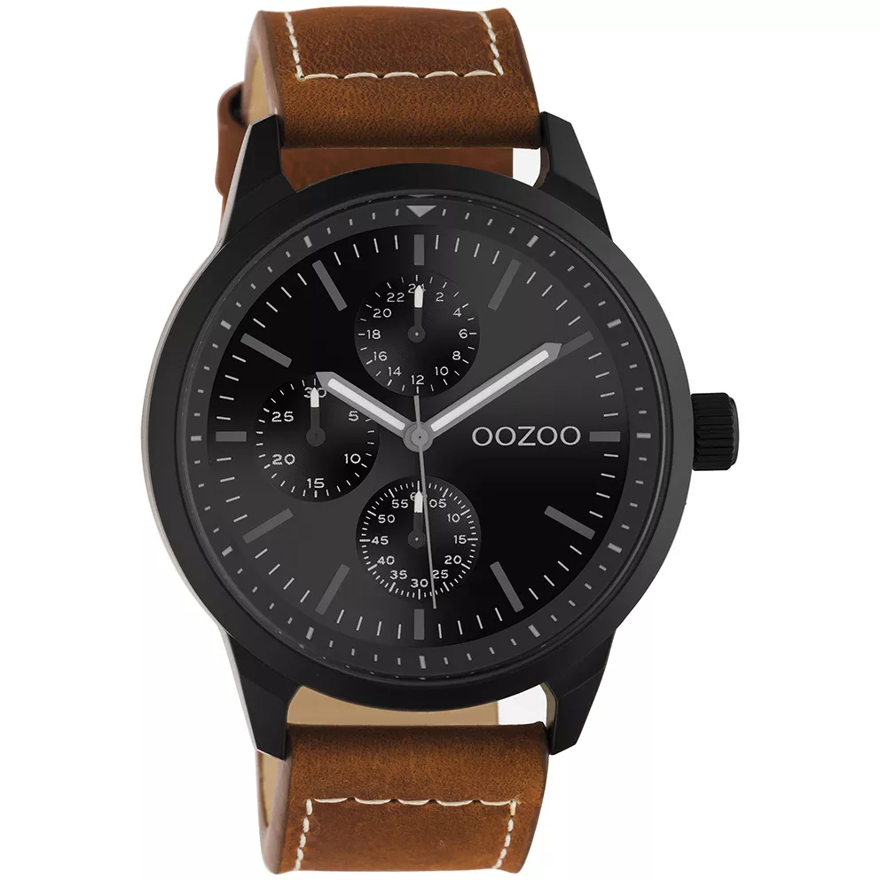 OOZOO C10908 Horloge Timepieces staal-leder zwart-bruin 45 mm