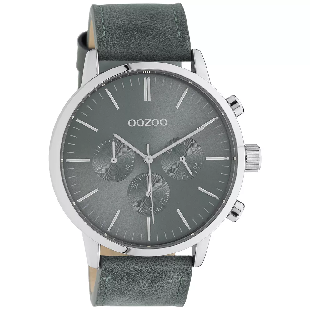 OOZOO C10915 Horloge Timepieces staal-leder zilverkleurig-aquagrijs 45 mm