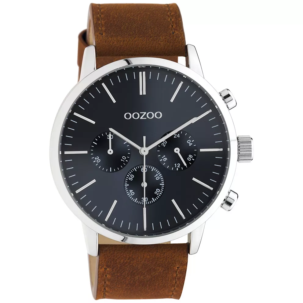 OOZOO C10917 Horloge Timepieces staal-leder zilverkleurig-bruin-blauw 45 mm