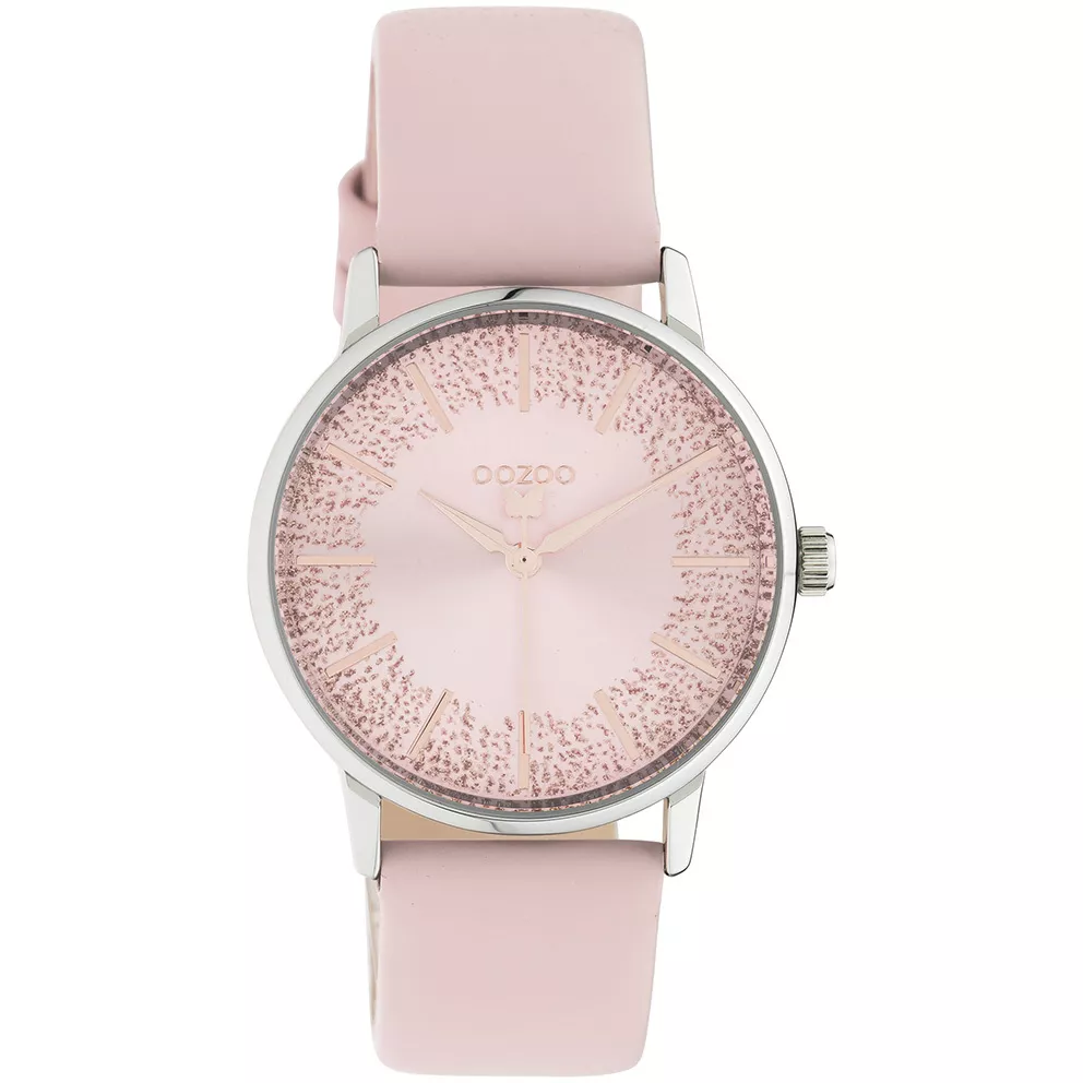 OOZOO C10932 Horloge Timepieces staal-leder zilverkleurig-roze 35 mm