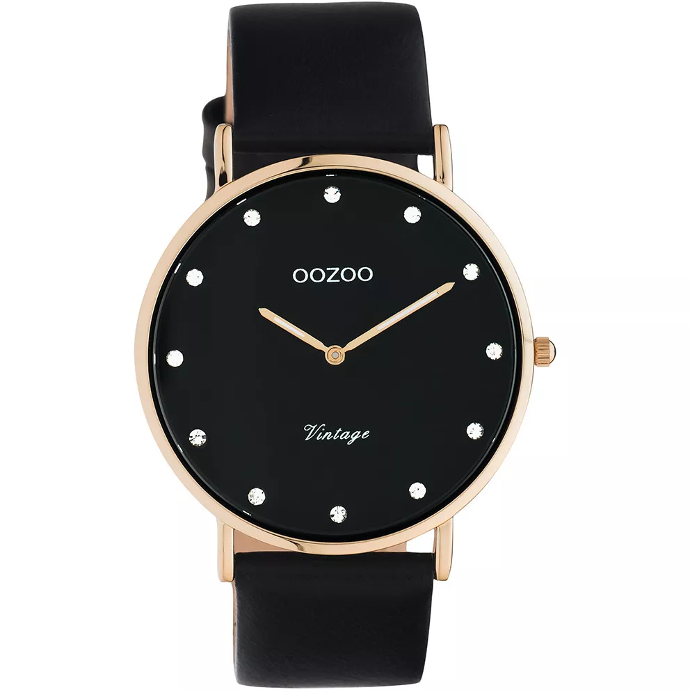 OOZOO C20249 Horloge Vintage staal-leder rosekleurig-zwart 40 mm