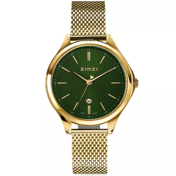 Zinzi ZIW1035M Horloge Classy Mesh staal goudkleurig-groen 34 mm + gratis armband