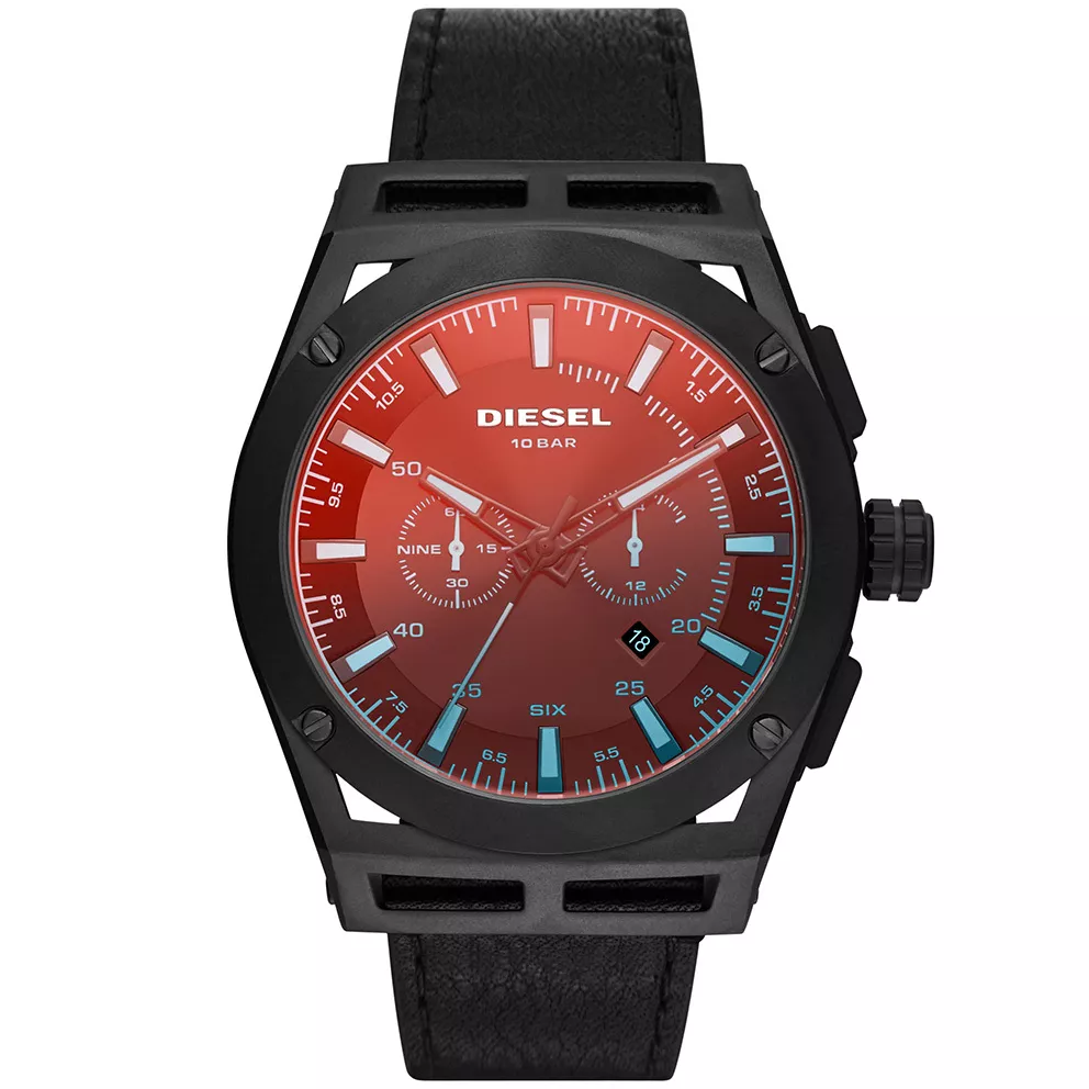 Diesel DZ4544 Horloge Timeframe Chrono staal-leder zwart-rood 48 mm