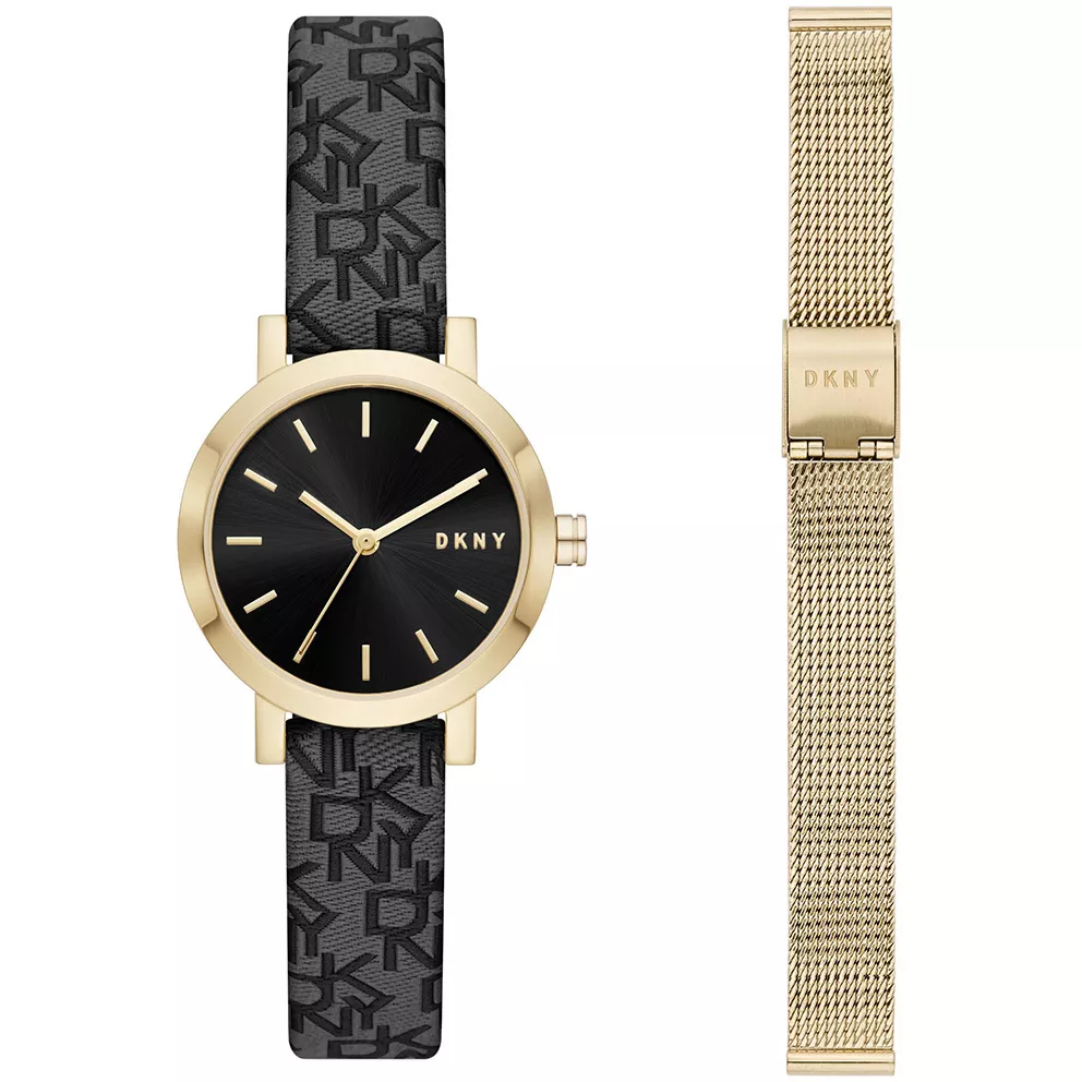 DKNY NY6616SET Horloge Giftset Soho staal-leder goudkleurig-zwart (+ stalen horlogeband) 28 mm