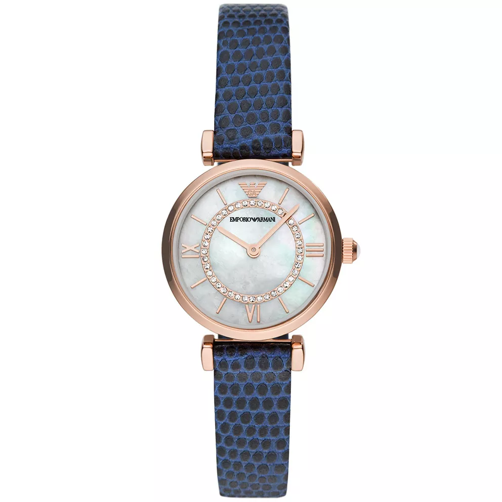 Emporio Armani AR11468 Horloge Gianni T-Bar staal-leder rosekleurig-blauw 28 mm