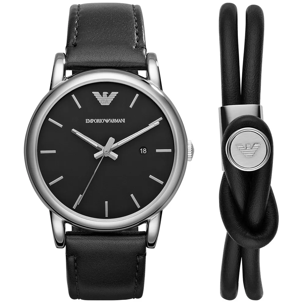 Emporio Armani AR80059 Giftset Luigi Horloge + Armband staal-leder zilverkleurig-zwart 41 mm