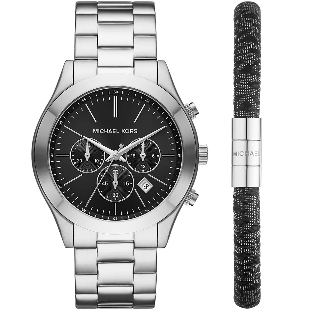 Michael Kors MK1056SET Giftset Slim Runway Horloge + Armband staal zilverkleurig-zwart 44 mm