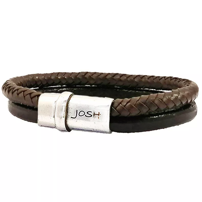 JOSH 09177-BRA-S-BR Armband leder-staal bruin-zilverkleurig 13 mm