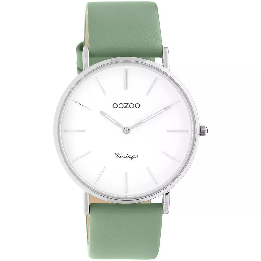 OOZOO C20251 Horloge Vintage staal-leder zilverkleurig-groen 40 mm