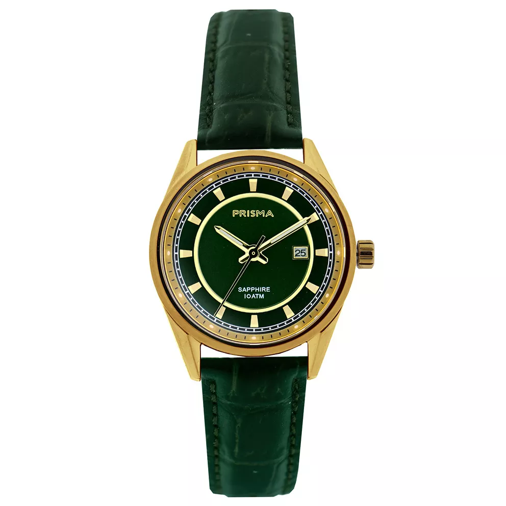 Prisma P.2048 Horloge Decade staal-leder goudkleurig-groen 31,5 mm