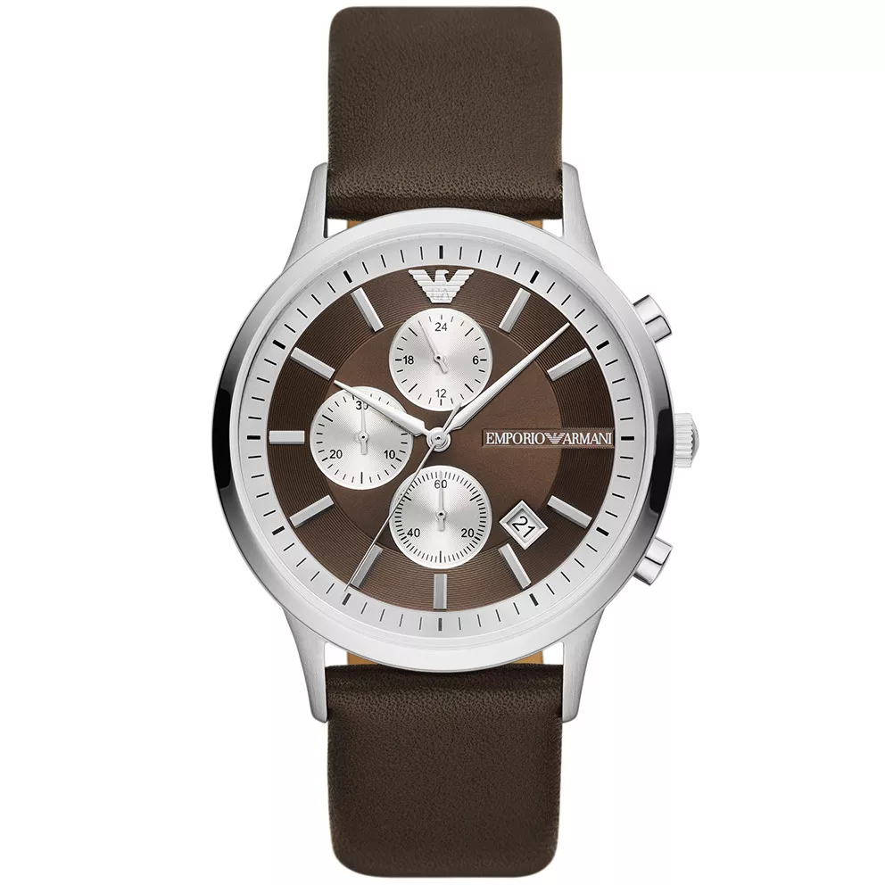 Emporio Armani AR11490  Horloge Renato Chrono staal-leder zilverkleurig-bruin 43 mm