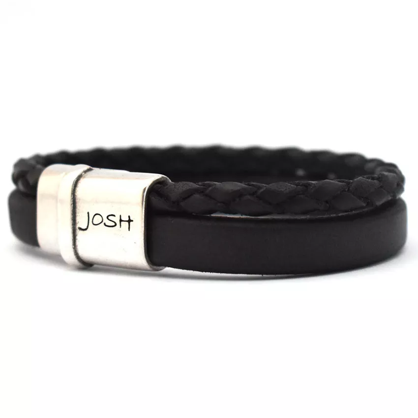 JOSH 09110-BRA-S-BL Armband leder zwart-zilverkleurig 16 mm