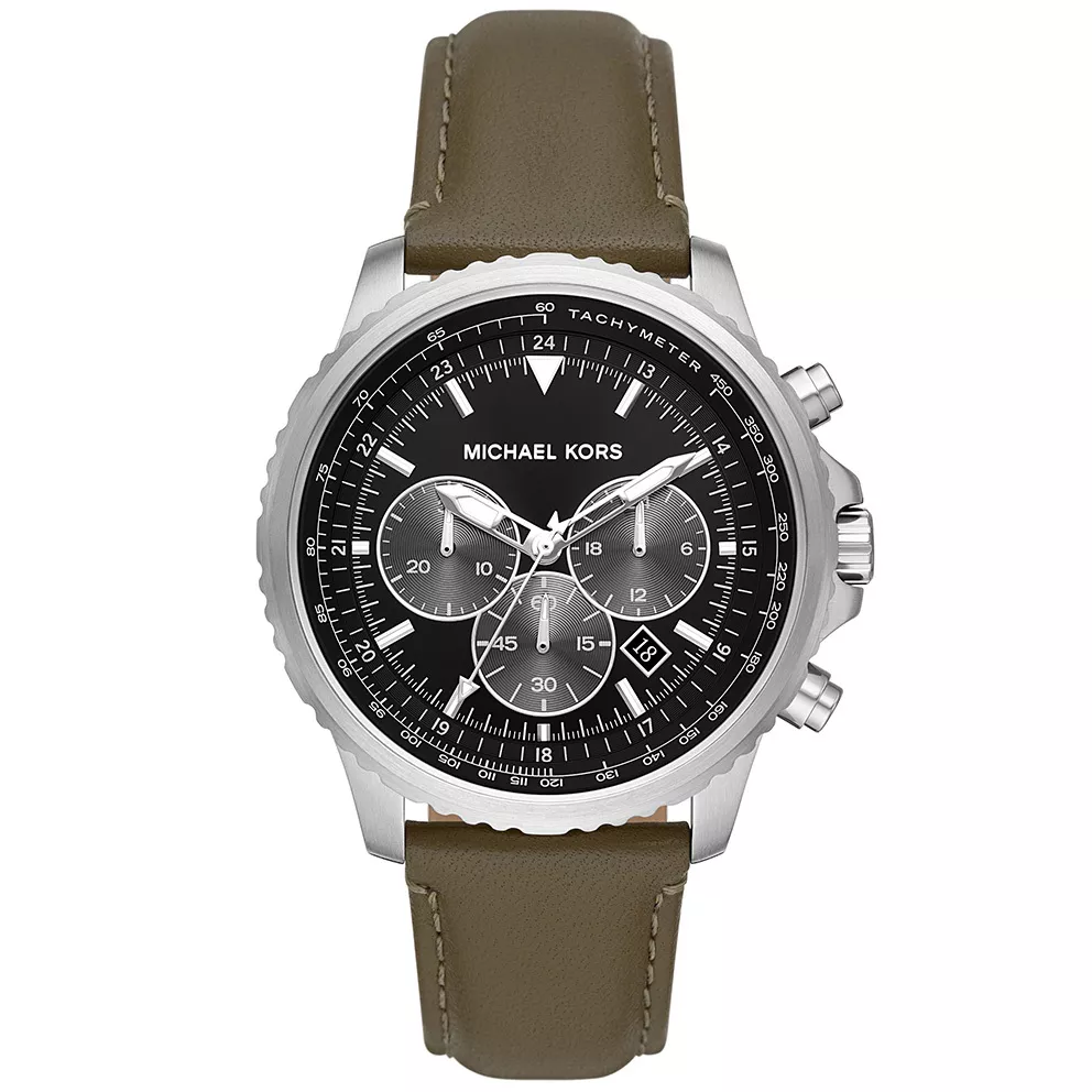 Michael Kors MK8985 Horloge Cortlandt Chrono staal-leder zilverkleurig-groen-zwart 44 mm