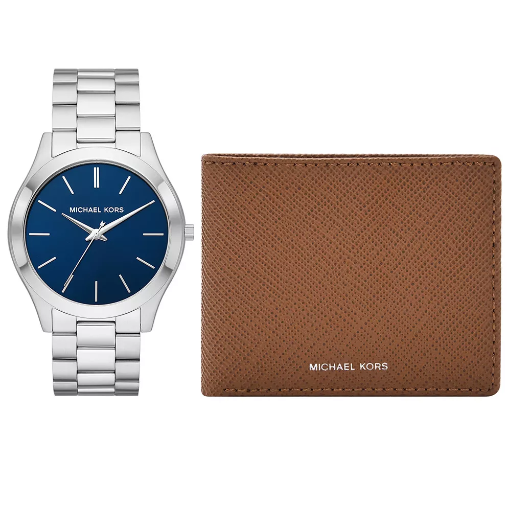 Michael Kors MK1060SET Giftset Horloge + Wallet Slim Runway staal zilverkleurig-blauw 44 mm