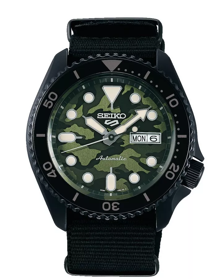 Seiko SRPJ37K1 5 Sports Horloge Automaat nylon zwart-groen 42,5 mm