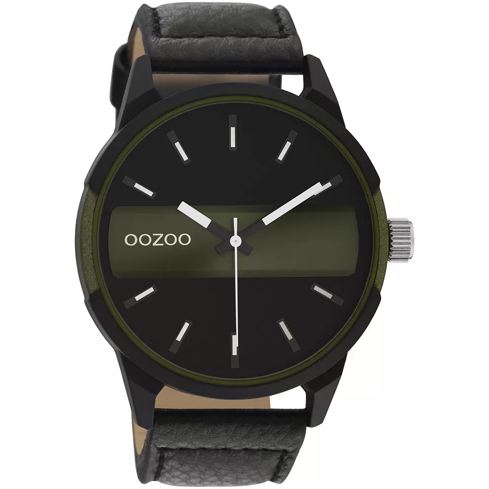 OOZOO C11002 Horloge Timepieces staal-leder zwart-donkergroen 48 mm