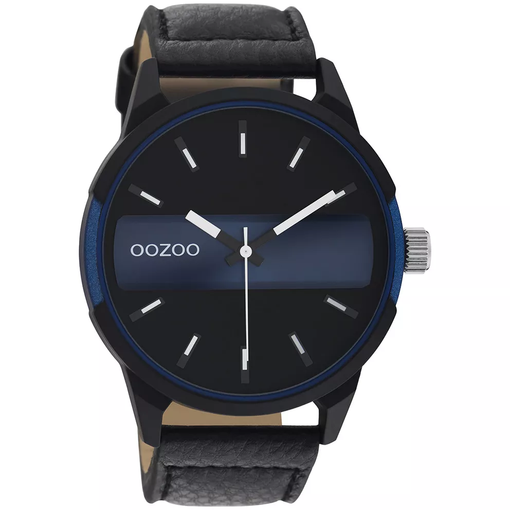 OOZOO C11003 Horloge Timepieces staal-leder zwart-blauw 48 mm
