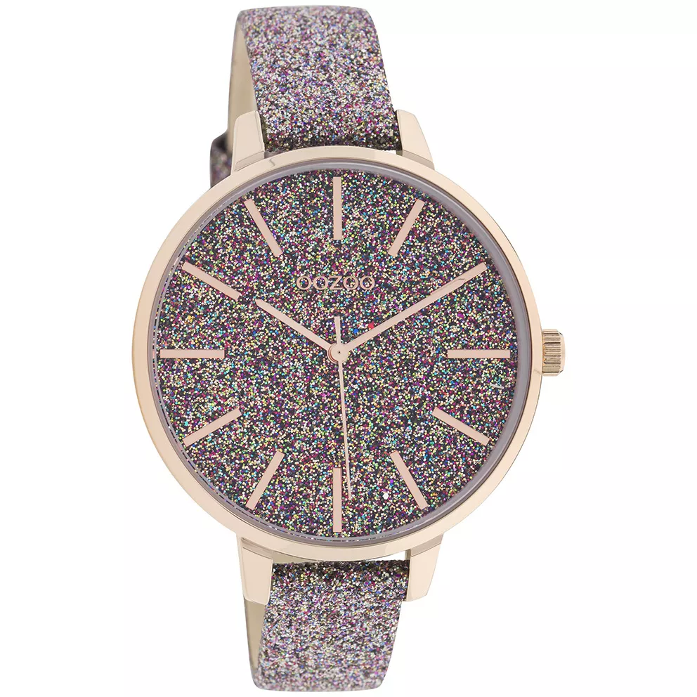 OOZOO C11032 Horloge Timepieces staal-leder rosekleurig-glitter 42 mm
