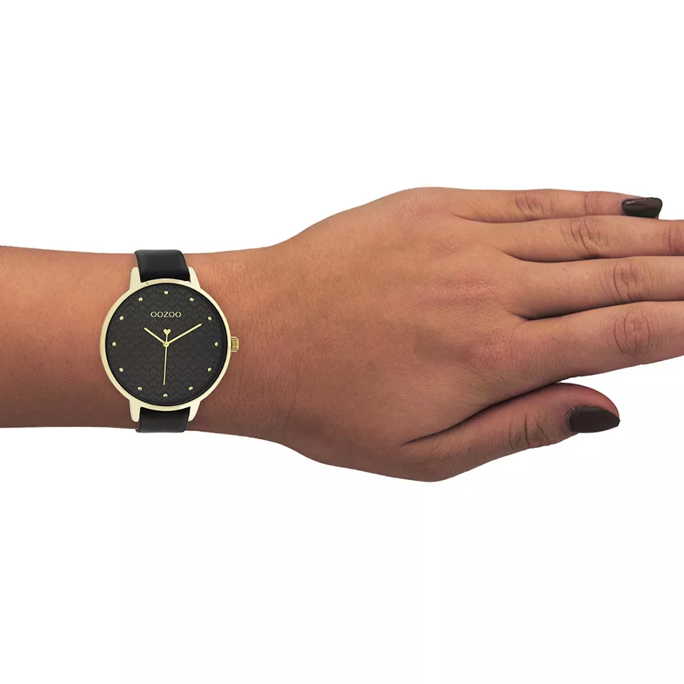 OOZOO C11039 Horloge Timepieces staal-leder goudkleurig-zwart 48 mm