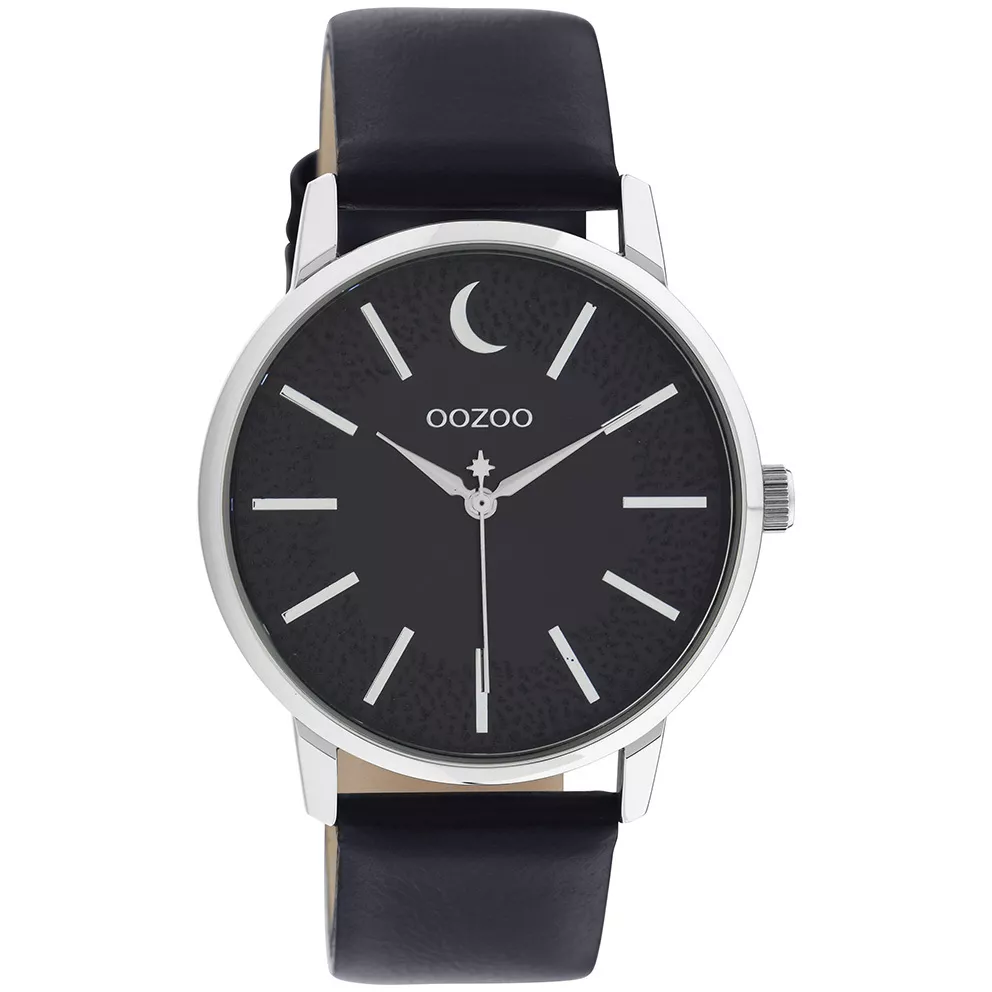 OOZOO C11043 Horloge Timepieces staal-leder zilverkleurig-donkerblauw 40 mm