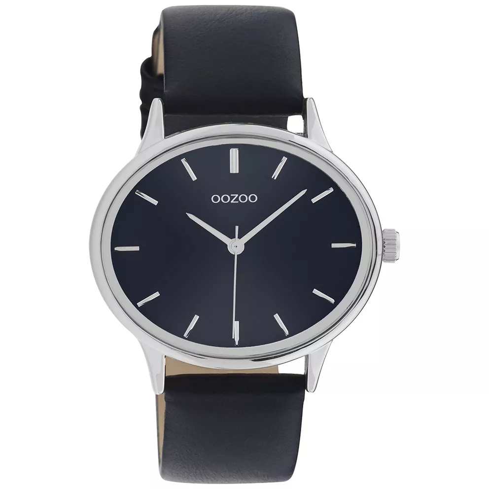 OOZOO C11051 Horloge Timepieces staal-leder zilverkleurig-donkerblauw 42 x 35 mm