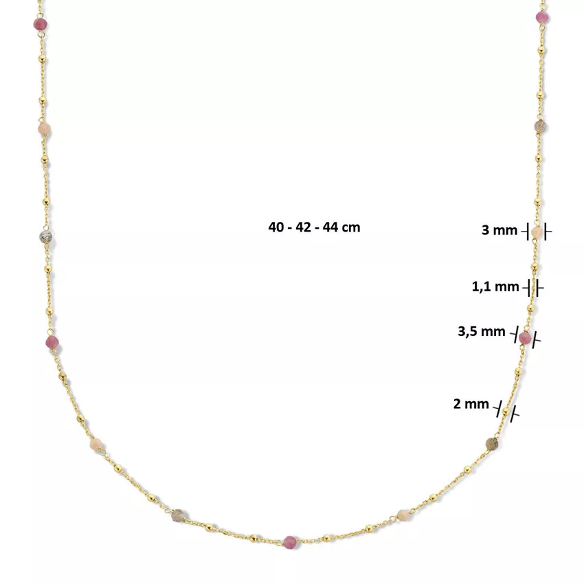 Ketting Bolletjes geelgoud-toermalijn roze-wit-oranje-bruin 40-44 cm
