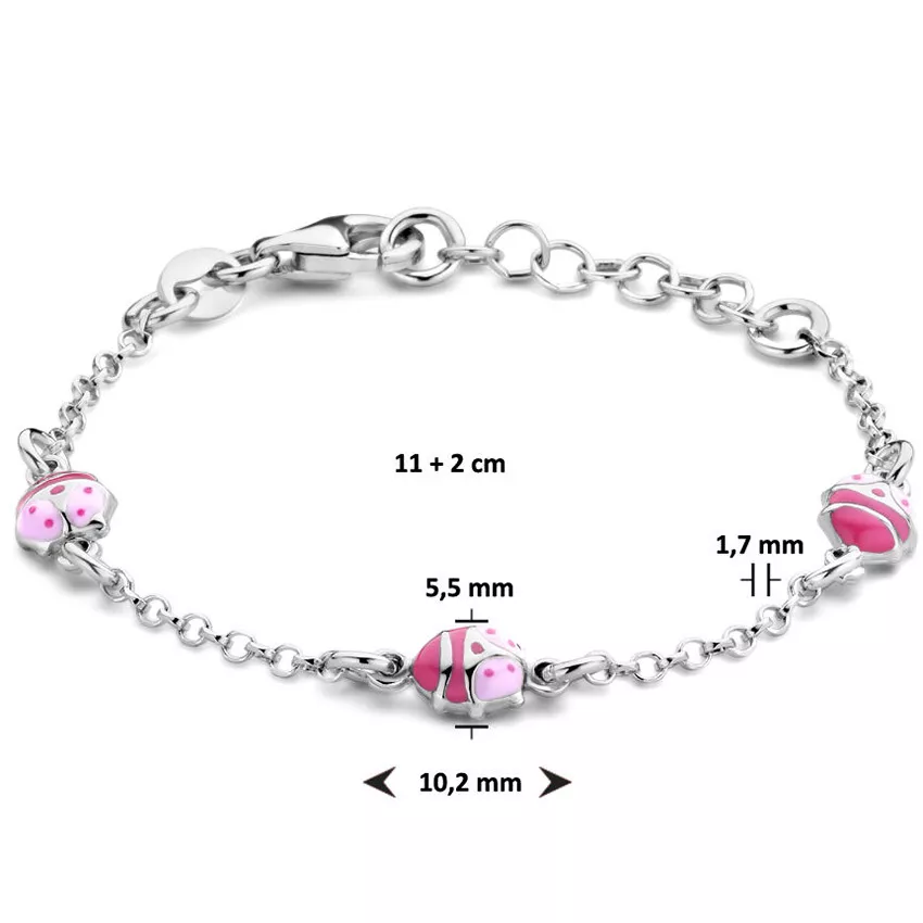 Armband Lieveheersbeestje zilver-emaille roze 11-13 cm