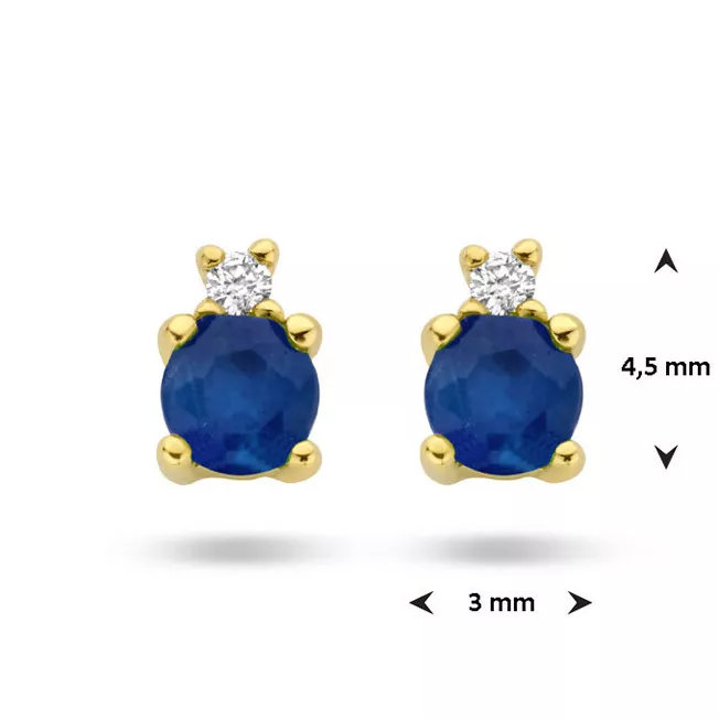 Oorknoppen geelgoud-saffier-diamant 2 x 0,015ct goudkleurig-blauw-wit 3 x 4,5 mm
