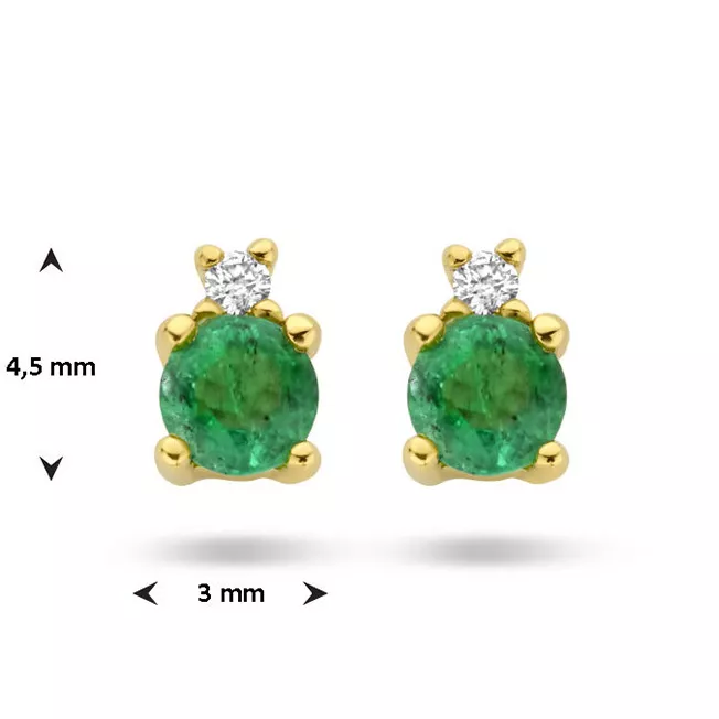 Oorknoppen geelgoud-smaragd-diamant 2 x 0,015 ct goudkleurig-groen-wit 3 x 4,5 mm