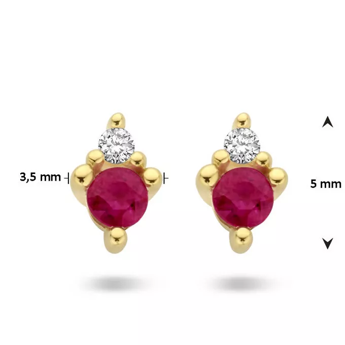 Oorknoppen geelgoud-robijn-diamant 2 x 0,02ct goudkleurig-rood-wit 3,5 x 5 mm