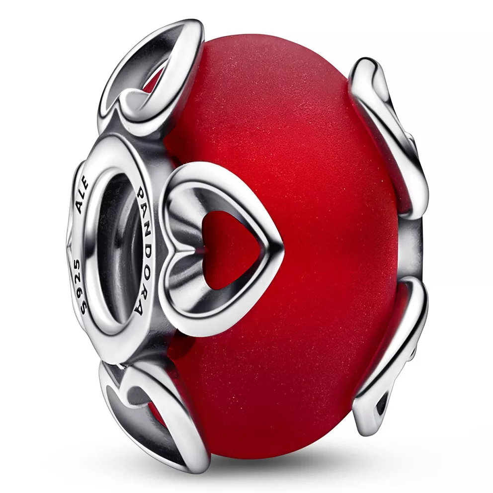 Pandora 792497C01 Bedel Frosted Red Murano glass and hearts zilver-glas-goudfolie