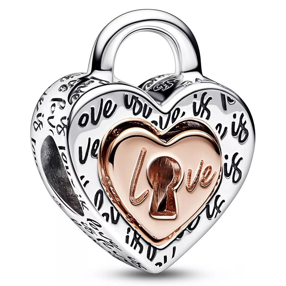 Pandora 782505C00 Bedel Two-tone Padlock Splittable Heart zilver rosekleurig