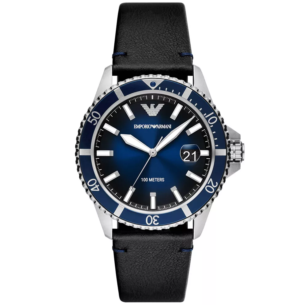 Emporio Armani AR11516 Horloge Diver staal-leder zilverkleurig-blauw-zwart 42 mm
