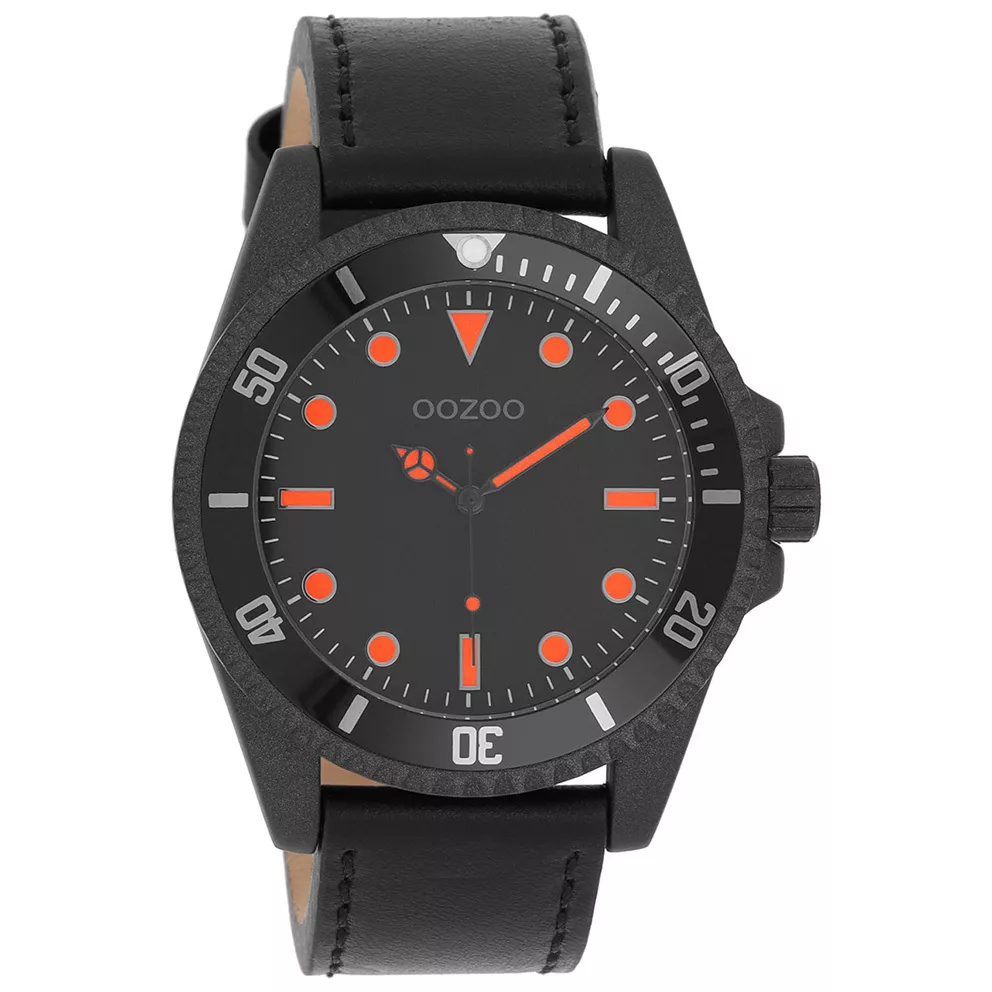 OOZOO C11119 Horloge Timepieces staal-leder zwart-rood 44 mm