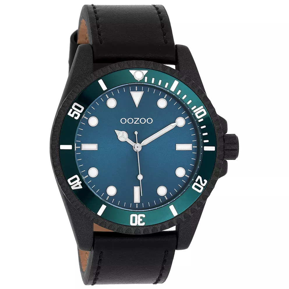 OOZOO C11118 Horloge Timepieces staal-leder zwart-blauw 44 mm