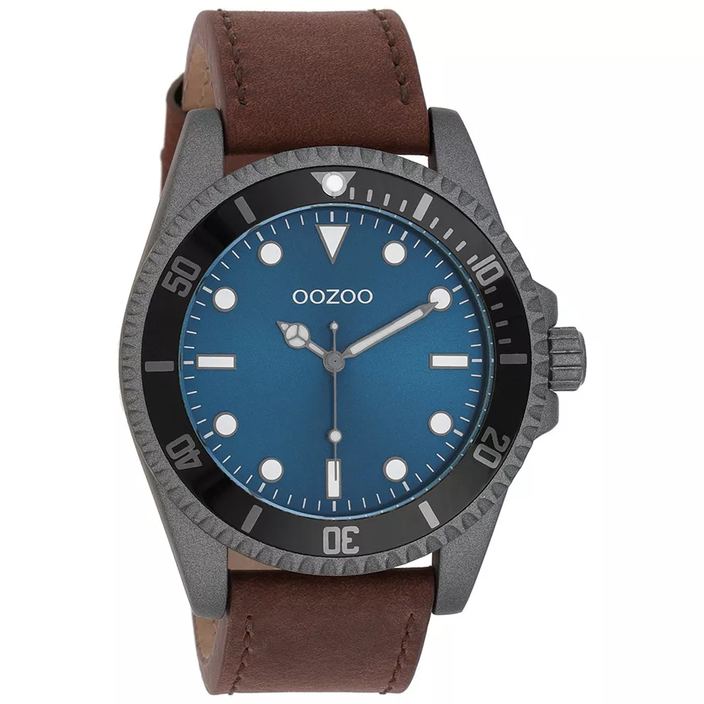 OOZOO C11116 Horloge Timepieces staal-leder grijs-blauw-bruin 44 mm