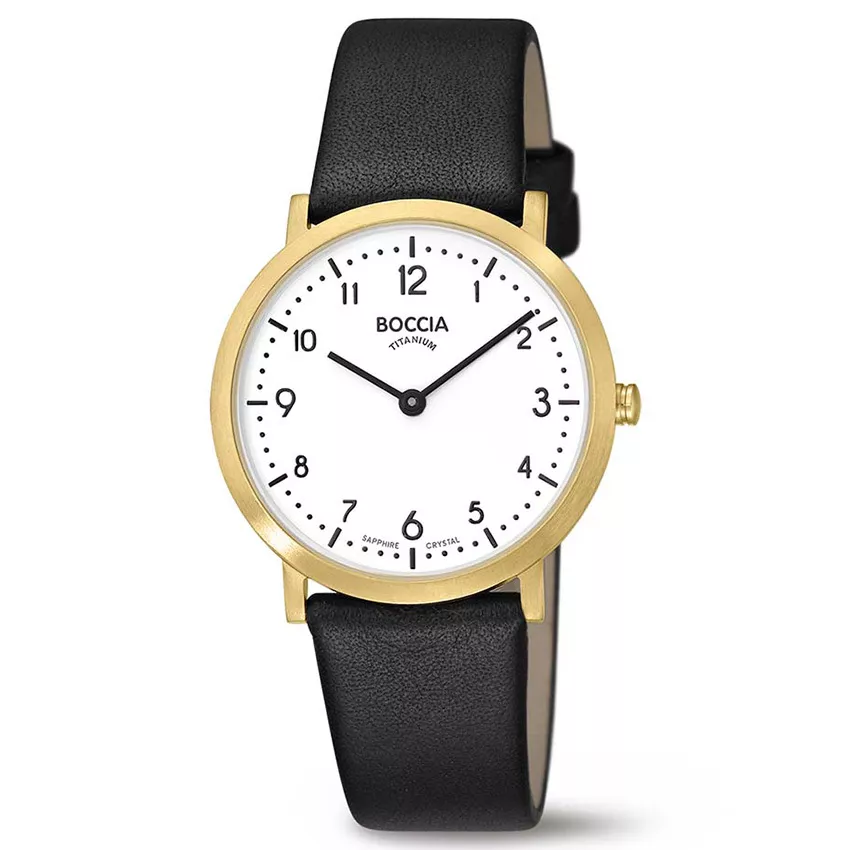 Boccia 3335-02 Horloge titanium-leder goudkleurig-zwart-wit 34 mm