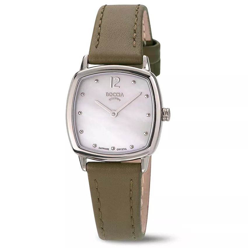 Boccia 3343-01 Horloge titanium-leder zilverkleurig-groen 25 mm