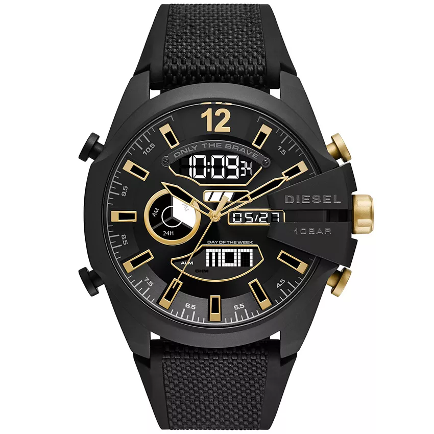 Diesel DZ4552 Horloge Mega Chief LCD staal-siliconen zwart-goudkleurig 51 mm