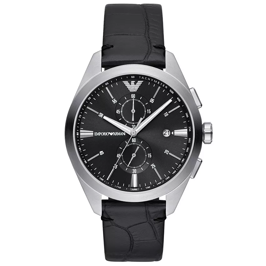 Emporio Armani AR11542 Horloge Claudio Chrono staal-pro-planet leder zilverkleurig-zwart 43 mm